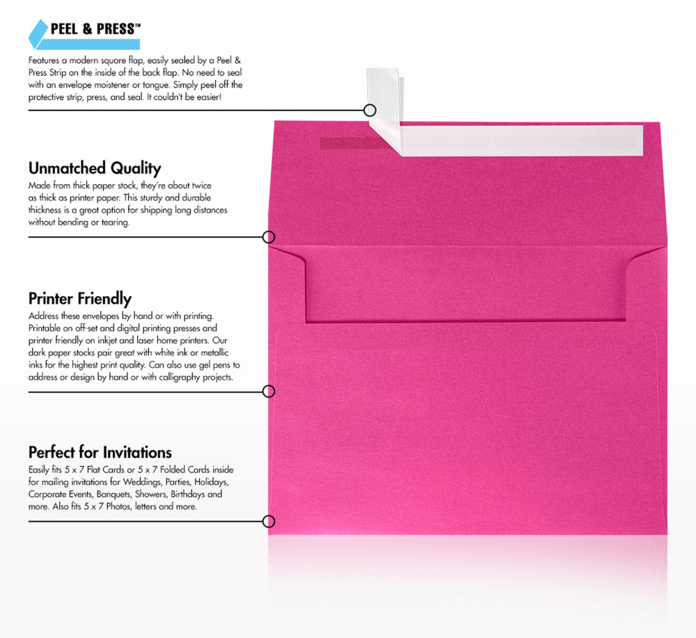 Azalea Fuchsia Pink Metallic 32lb A7 Invitation Envelopes (5 1/4 x 7 1/4) with Peel & Seal