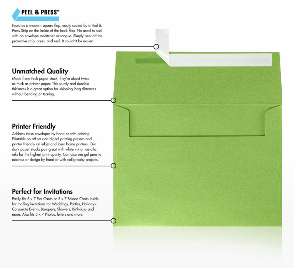 Lime Green Metallic 32lb A7 Invitation Envelopes (5 1/4 x 7 1/4) with Peel & Seal
