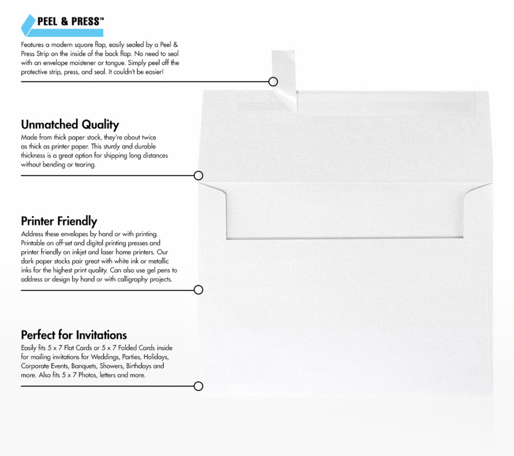 Crystal White Metallic 32lb A7 Invitation Envelopes (5 1/4 x 7 1/4) with Peel & Seal