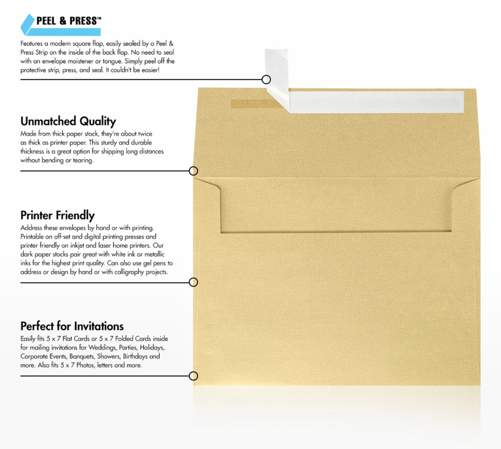 Light Gold Blonde Metallic 32lb A7 Invitation Envelopes (5 1/4 x 7 1/4) with Peel & Seal