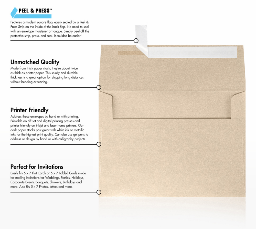 Light Brown Taupe Metallic 32lb A7 Invitation Envelopes (5 1/4 x 7 1/4) with Peel & Seal