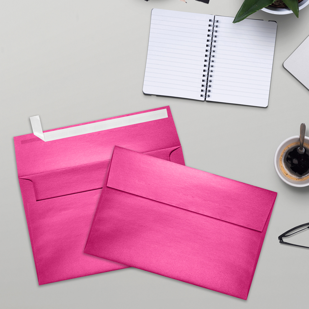 Azalea Fuchsia Pink Metallic 32lb A9 Invitation Envelopes (5 3/4 x 8 3/4) with Peel & Seal