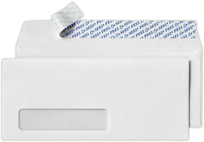 White Machine Insertable 24lb #10 Window Envelopes (4 1/8 x 9 1/2) with Peel & Seal