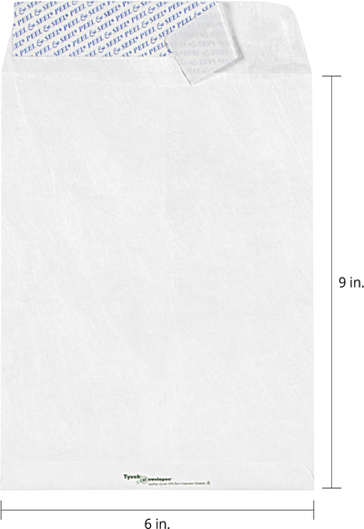 White Tyvek 14lb 6 x 9 Open End Envelopes with Peel & Seal