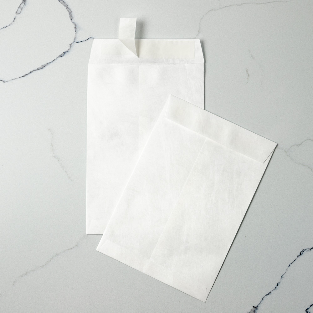 White Tyvek 14lb 6 1/2 x 9 1/2 Open End Envelopes with Peel & Seal