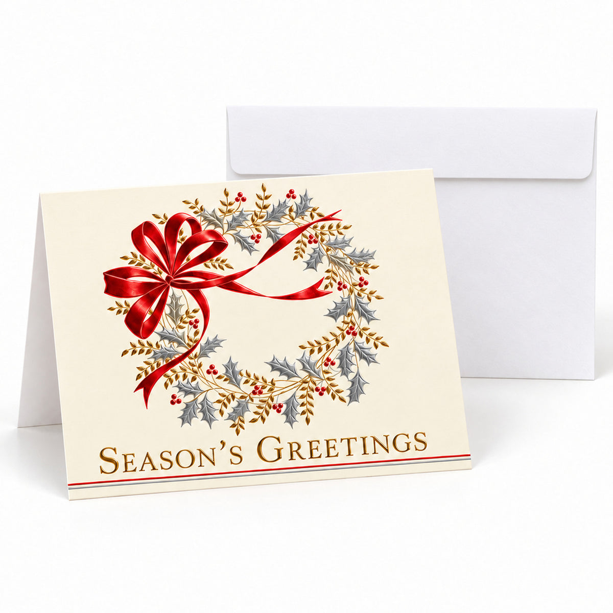 Classic Season's Greetings Wreath 80lb 7 x 5 Foldover Card Set