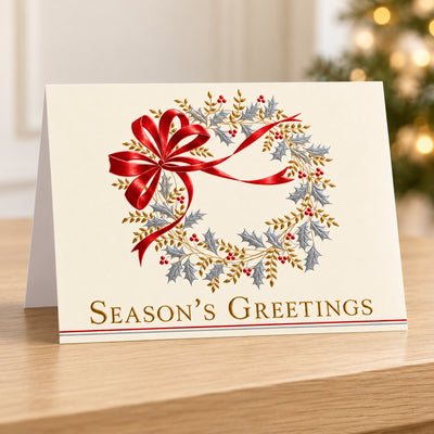 Classic Season's Greetings Wreath 80lb 7 x 5 Foldover Card Set