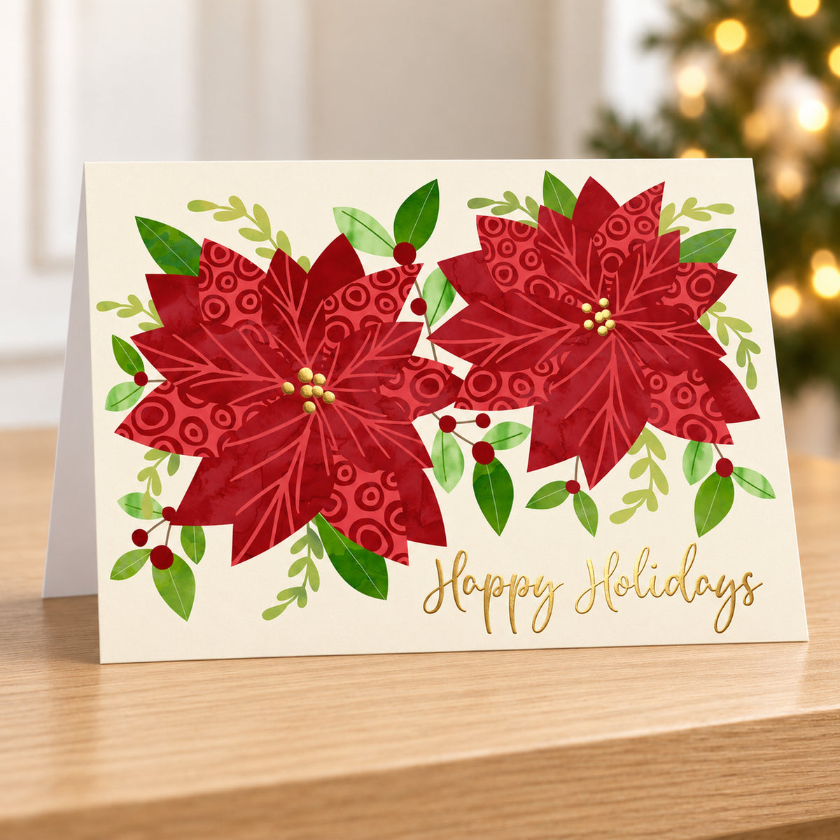Patterned Poinsettias 80lb 7 x 5 Foldover Card Set