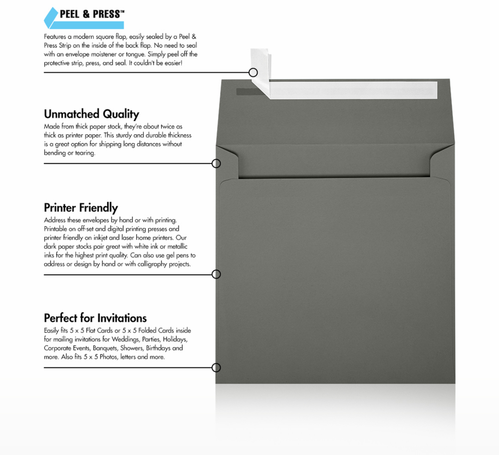Dark Smoke Gray 32lb 5 1/4 x 5 1/4 Square Envelopes with Peel & Seal