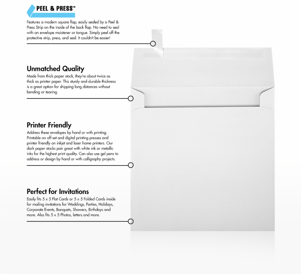 White 28lb 5 1/4 x 5 1/4 Square Envelopes with Peel & Seal
