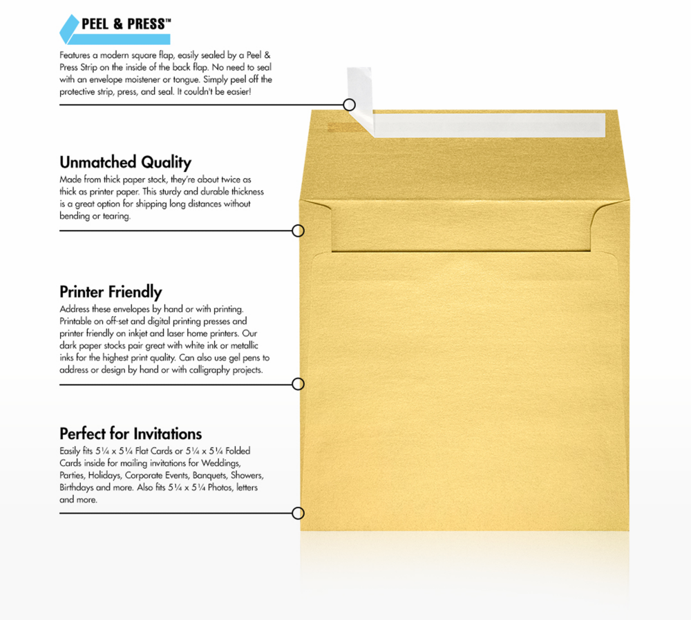 Gold Metallic 32lb 5 1/2 x 5 1/2 Square Envelopes with Peel & Seal