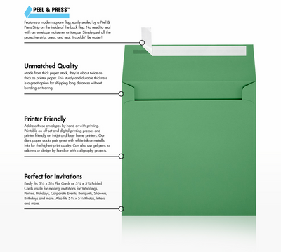 Holiday Green 32lb 5 1/2 x 5 1/2 Square Envelopes with Peel & Seal