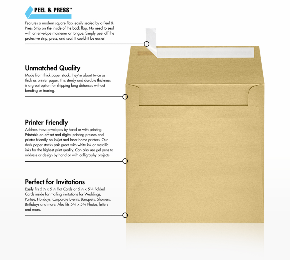 Light Gold Blonde Metallic 32lb 5 1/2 x 5 1/2 Square Envelopes with Peel & Seal