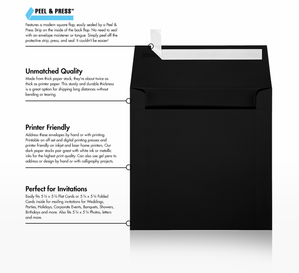 Black Linen 32lb 6 x 6 Square Envelopes with Peel & Seal