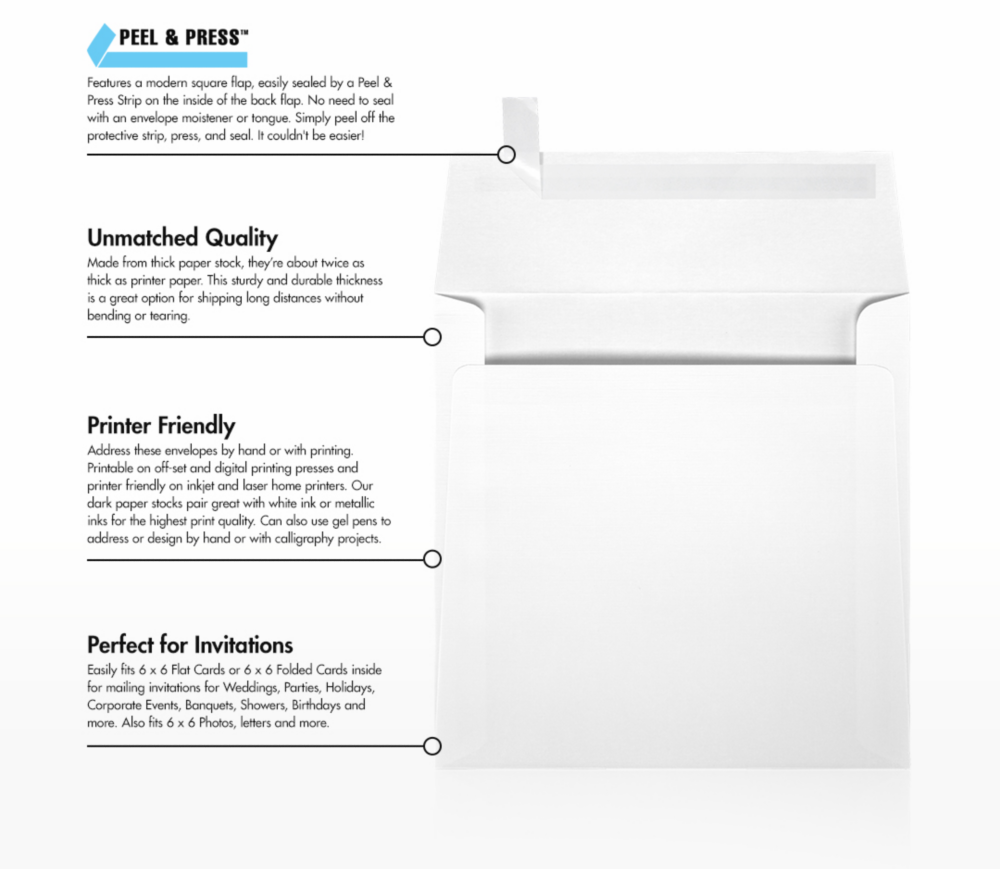 White Linen 32lb 6 1/4 x 6 1/4 Square Envelopes with Peel & Seal