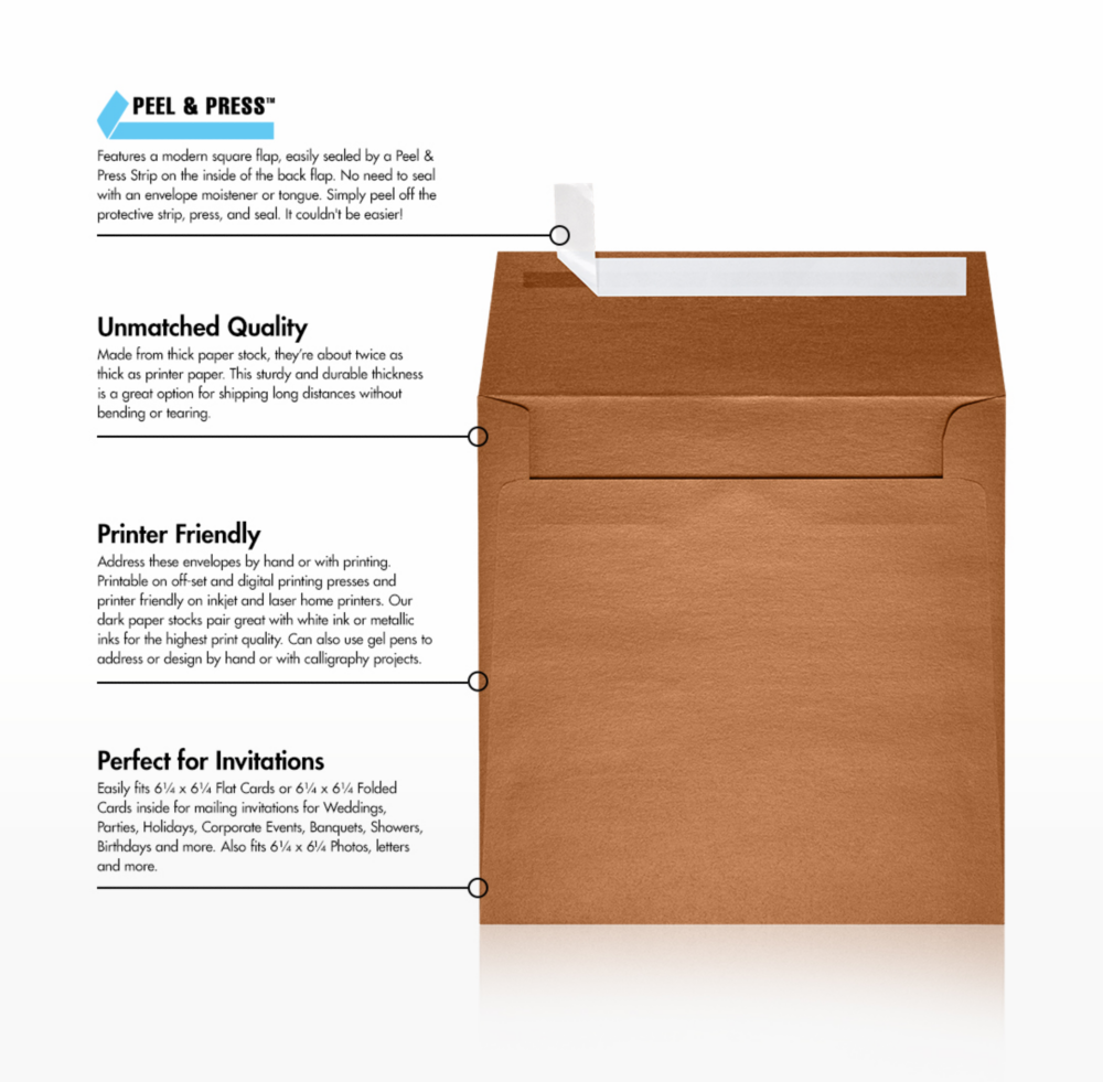 Copper Brown Metallic 32lb 6 1/2 x 6 1/2 Square Envelopes with Peel & Seal