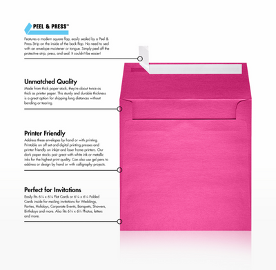 Azalea Fuchsia Pink Metallic 32lb 6 1/2 x 6 1/2 Square Envelopes with Peel & Seal