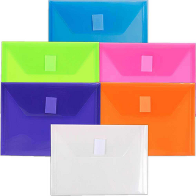 Assorted 5 1/2 x 7 1/2 Index Booklet Plastic Envelopes with Hook and Loop Closure - 6 Pack