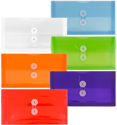 Assorted #10 Business Plastic Envelopes (5 1/4 x 10) with Button & String - 6 Pack