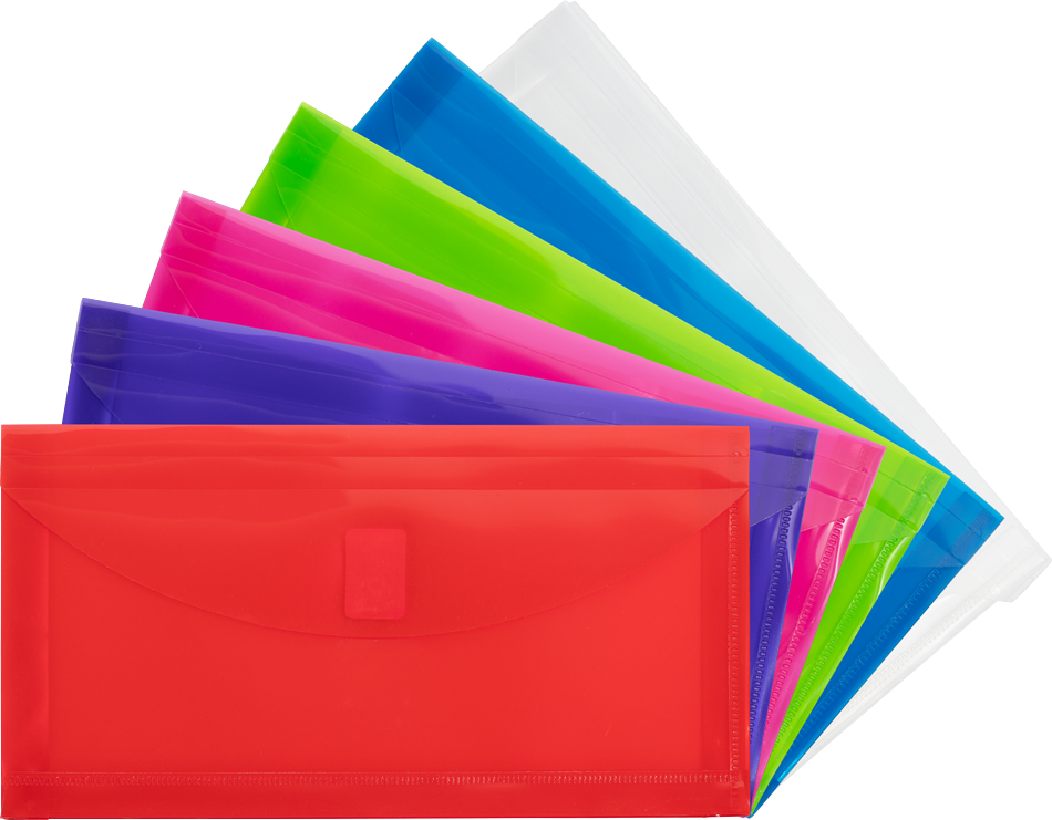 Assorted 5 1/4 x 10 Business Plastic 1" Expansion Envelopes with Hook and Loop Closure - 6 Pack