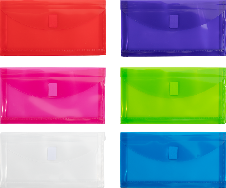 Assorted 5 1/4 x 10 Business Plastic 1" Expansion Envelopes with Hook and Loop Closure - 6 Pack