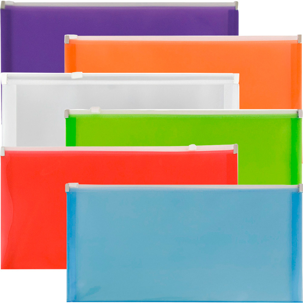 Assorted Business Plastic Envelopes (5 1/4 x 10) with Zip Closure - 6 Pack
