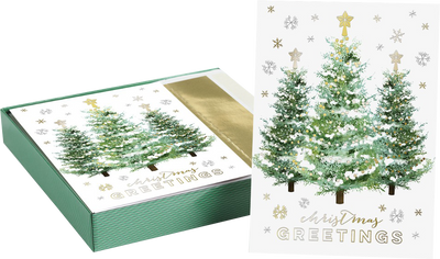 Gold Christmas Tree Trio Holiday Cards - 16 Pack