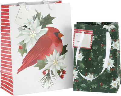 Cardinal and Holly Christmas Gift Bags - 2 Pack