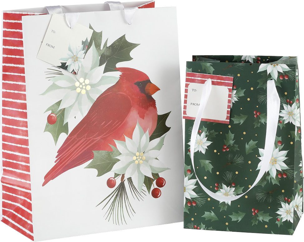 Cardinal and Holly Christmas Gift Bags - 2 Pack