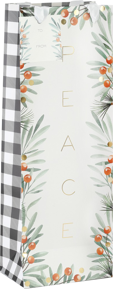 Peace and Joy Gingham Christmas Wine Bottle Gift Bags (4 1/2 x 4 1/2 x 14) - 2 Pack