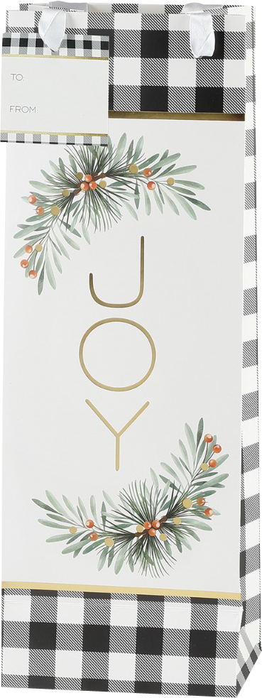 Peace and Joy Gingham Christmas Wine Bottle Gift Bags (4 1/2 x 4 1/2 x 14) - 2 Pack