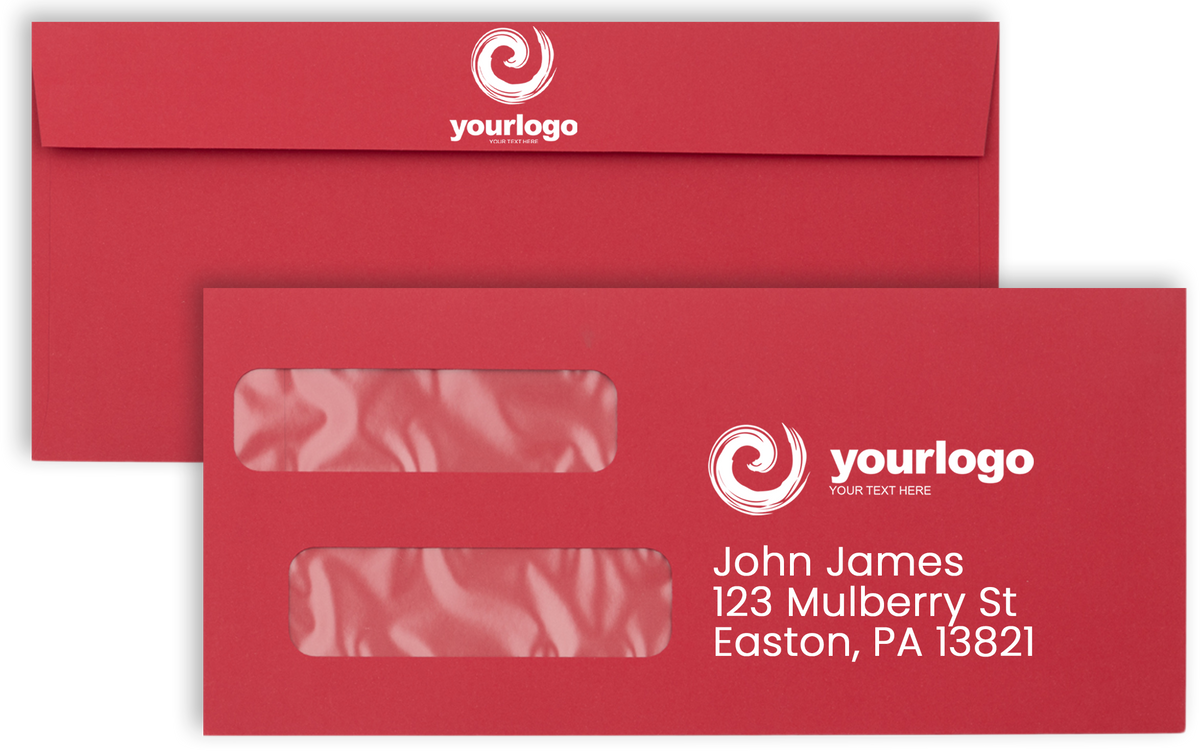 Red 32lb #10 Invoice Double Window (4 1/8 x 9 1/8) Envelopes with Peel & Seal