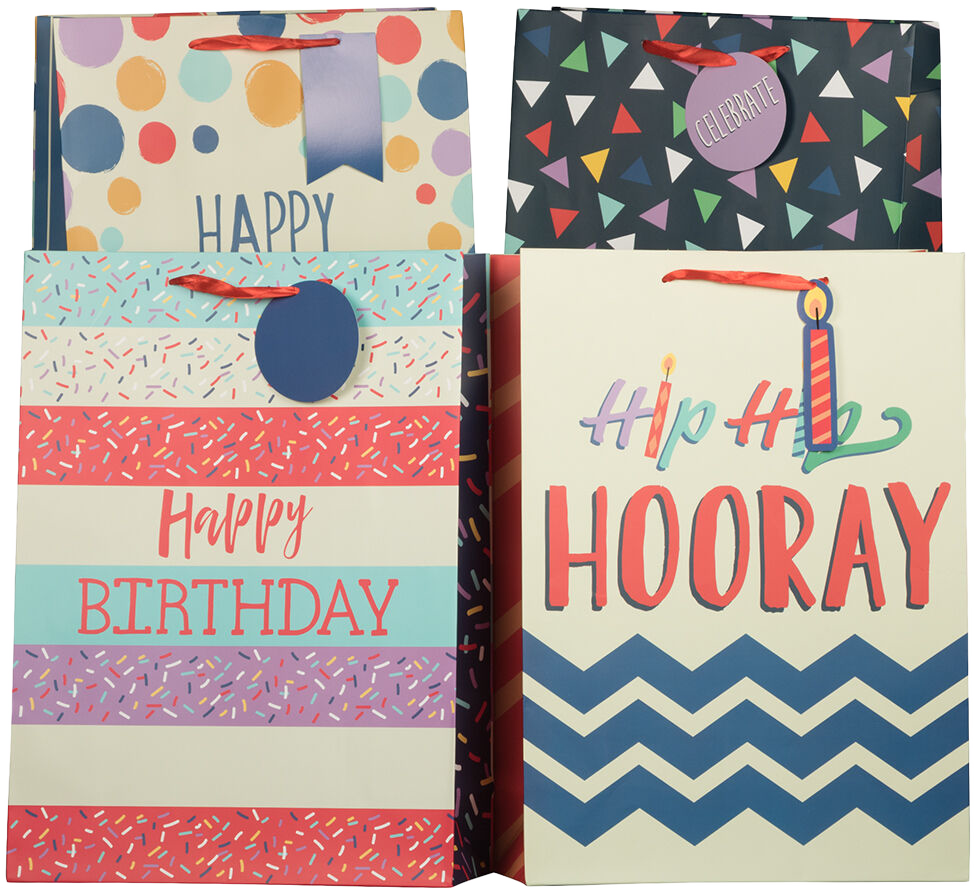 Assorted Shapes Jumbo Gift Bags (13 x 18 x 5) - 12 Pack (12 Bags- 4 Designs)