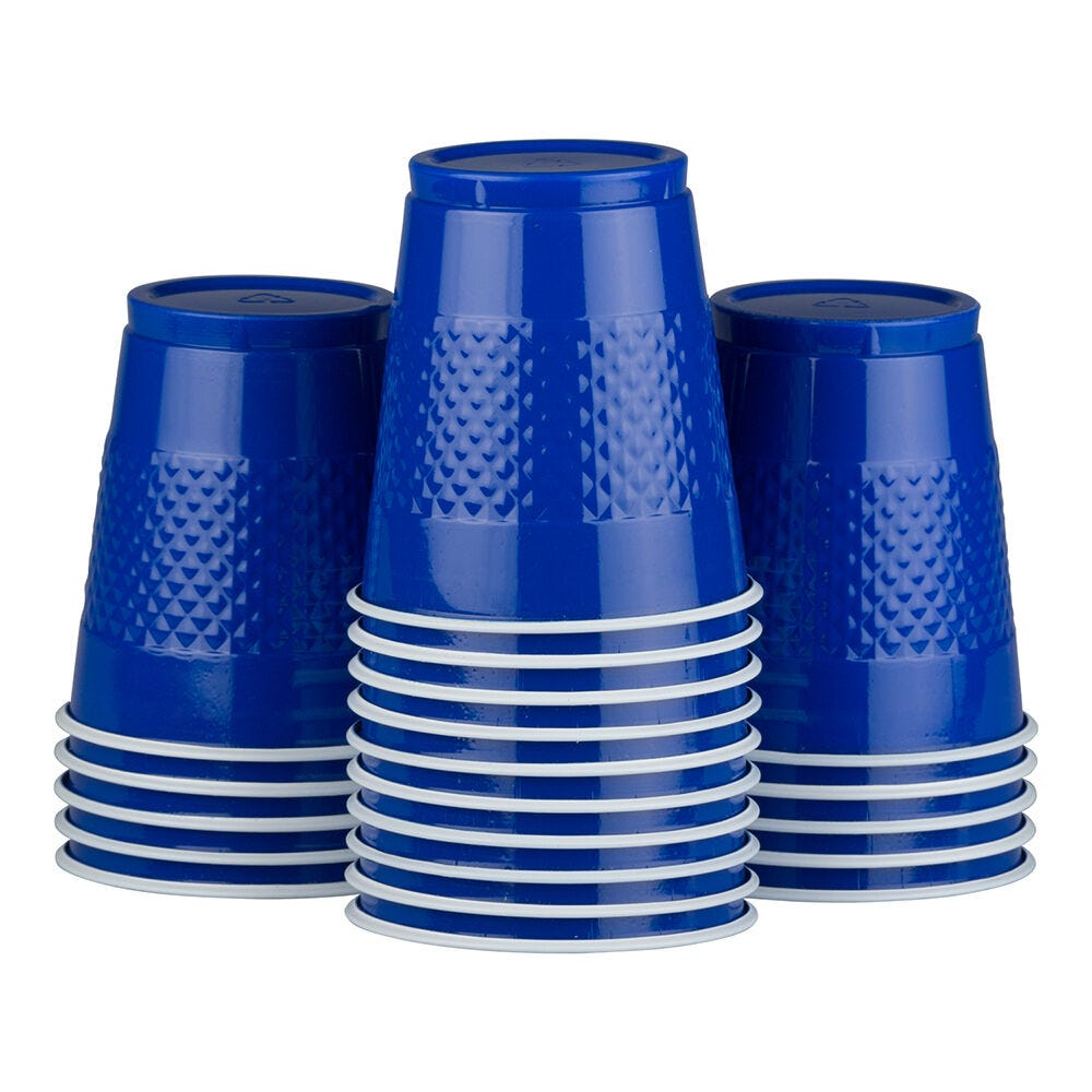 Blue and Yellow Party Tableware Kit (Small and Medium Plastic Plates, Lunch and Beverage Napkins, Plastic Cups, and Plastic Tablecovers) - 160 Pack