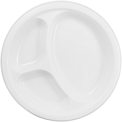 White Large 3 Compartment Plastic Plates (10 1/4 Inch) - 20 Pack