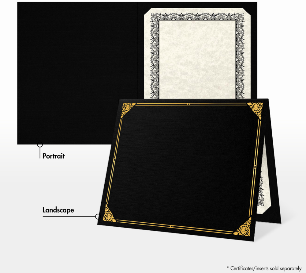 Black Linen with Gold Foil Floral Border 9 1/2 x 12 Certificate Holders