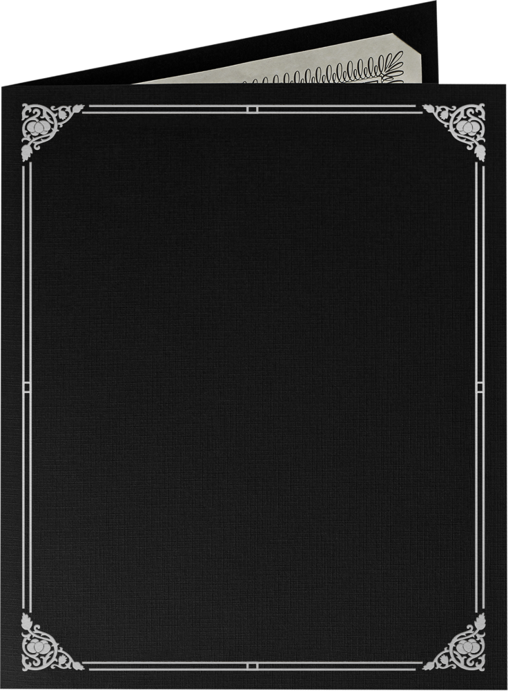 Black Linen with Silver Foil Floral Border 9 1/2 x 12 Certificate Holders