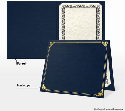 Nautical Navy Blue Linen with Gold Foil Floral Border 9 1/2 x 12 Certificate Holders