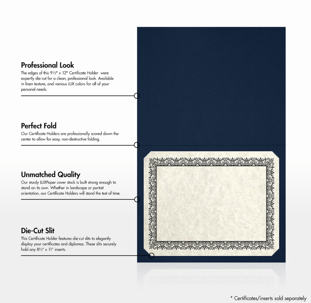Nautical Navy Blue Linen with Gold Foil Floral Border 9 1/2 x 12 Certificate Holders