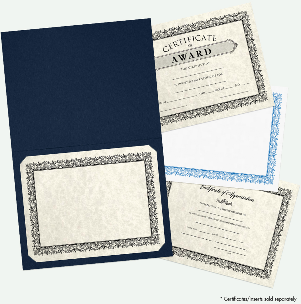 Nautical Navy Blue Linen with Gold Foil Floral Border 9 1/2 x 12 Certificate Holders