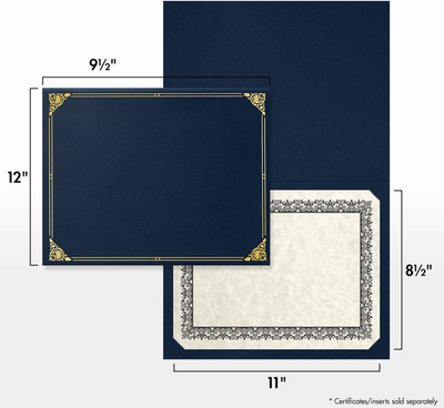 Nautical Navy Blue Linen with Gold Foil Floral Border 9 1/2 x 12 Certificate Holders