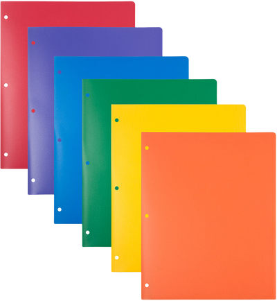 Assorted Primary 9 x 12 Plastic Heavy Duty 3 Hole Punch Folders - 6 Pack