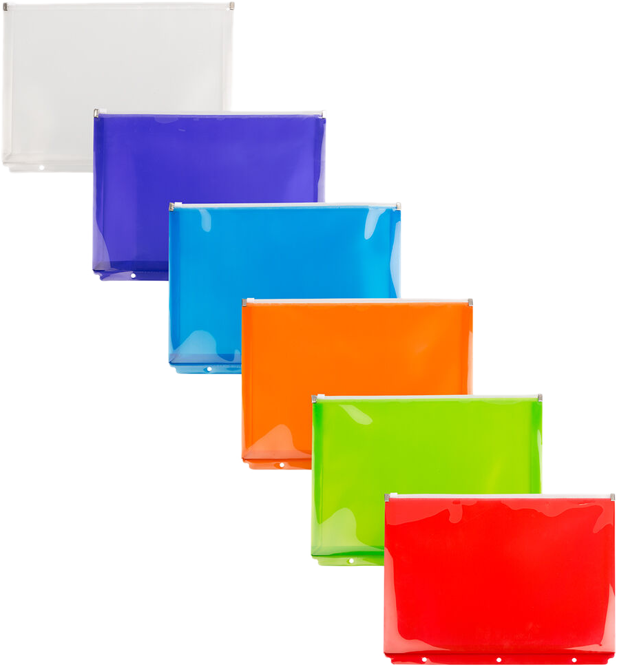 Assorted Letter Booklet 3 Hold Punch Plastic Envelopes (9 3/4 x 13) with Zip Closure - 6 Pack