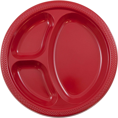 Red Large 3 Compartment Plastic Plates (10 1/4 Inch) - 20 Pack