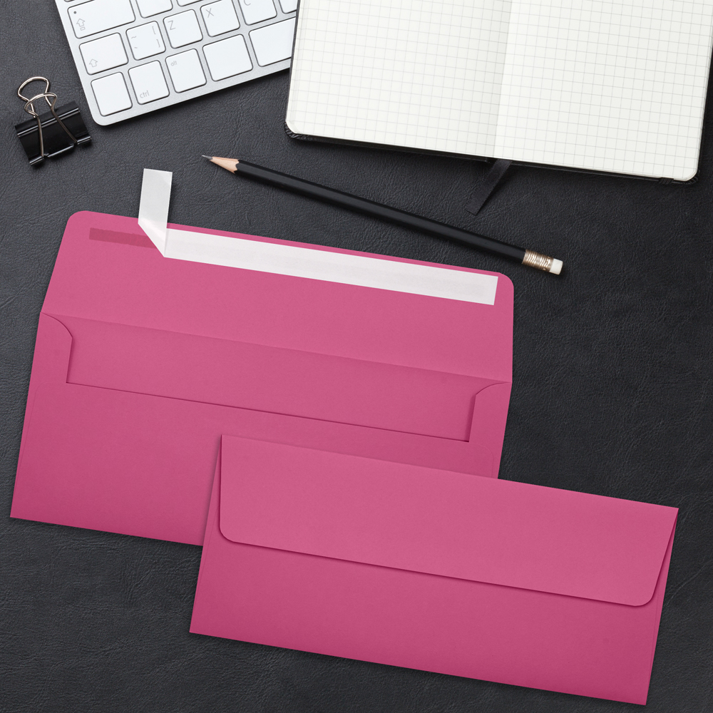 Fuchsia Pink Magenta 32lb #10 Square Flap Envelopes (4 1/8 x 9 1/2) with Peel & Seal