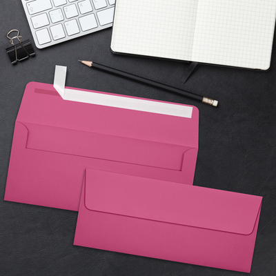 Fuchsia Pink Magenta 32lb #10 Square Flap Envelopes (4 1/8 x 9 1/2) with Peel & Seal