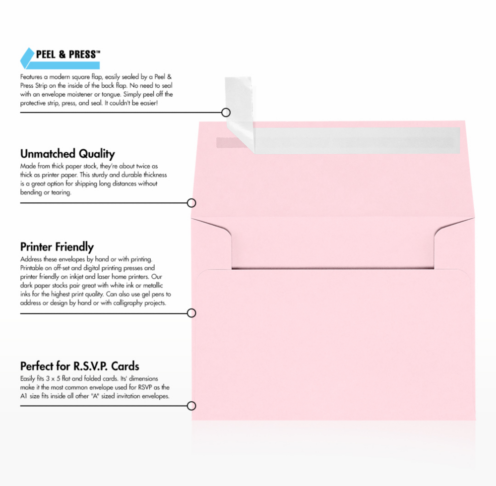 Baby Candy Pink 32lb A1 Invitation Envelopes (3 5/8 x 5 1/8) with Peel & Seal