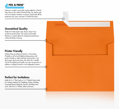 Mandarin Orange 32lb A7 Invitation Envelopes (5 1/4 x 7 1/4) with Peel & Seal