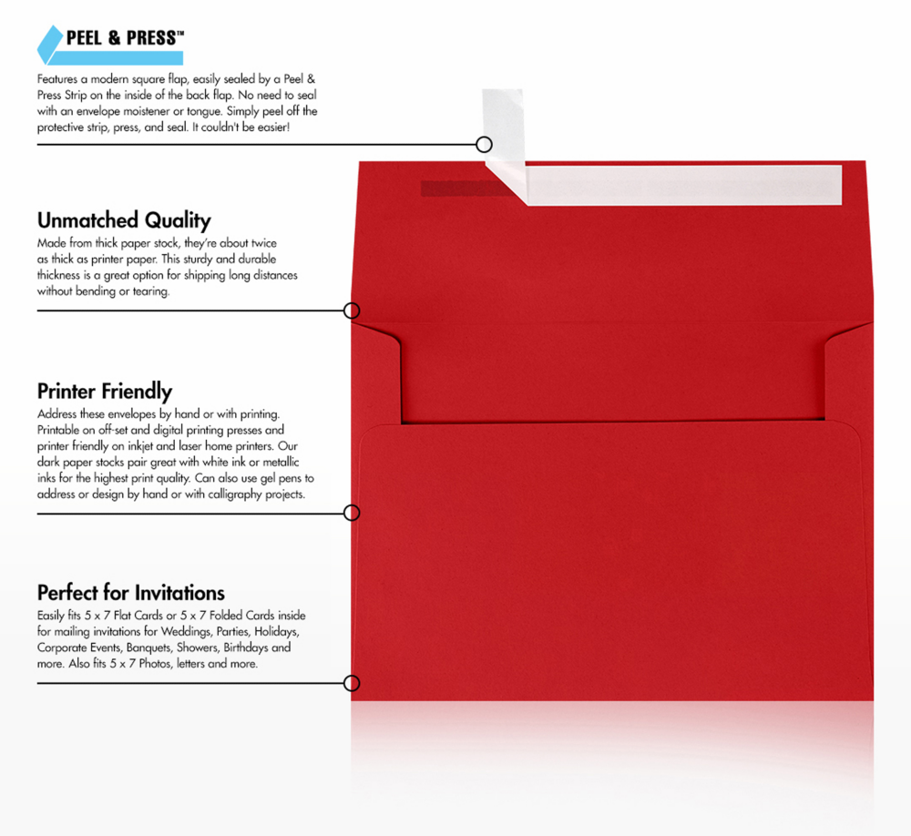 Red 32lb A7 Invitation Envelopes (5 1/4 x 7 1/4) with Peel & Seal