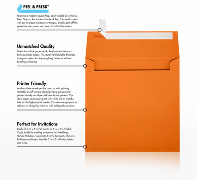 Mandarin Orange 32lb 5 1/2 x 5 1/2 Square Envelopes with Peel & Seal